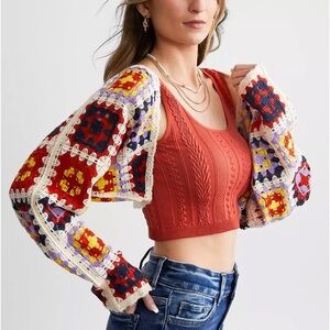 Willow & Root Granny Square Cropped Cardigan Sweater Multicolor Small Open weave